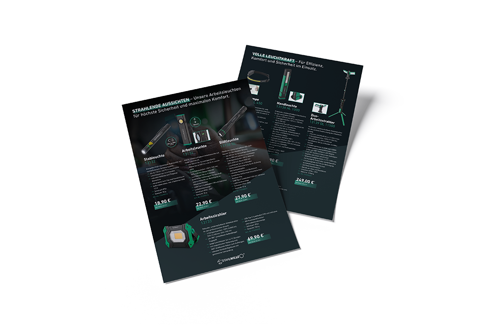 Mock-up des STAHLWILLE Leuchten Flyer