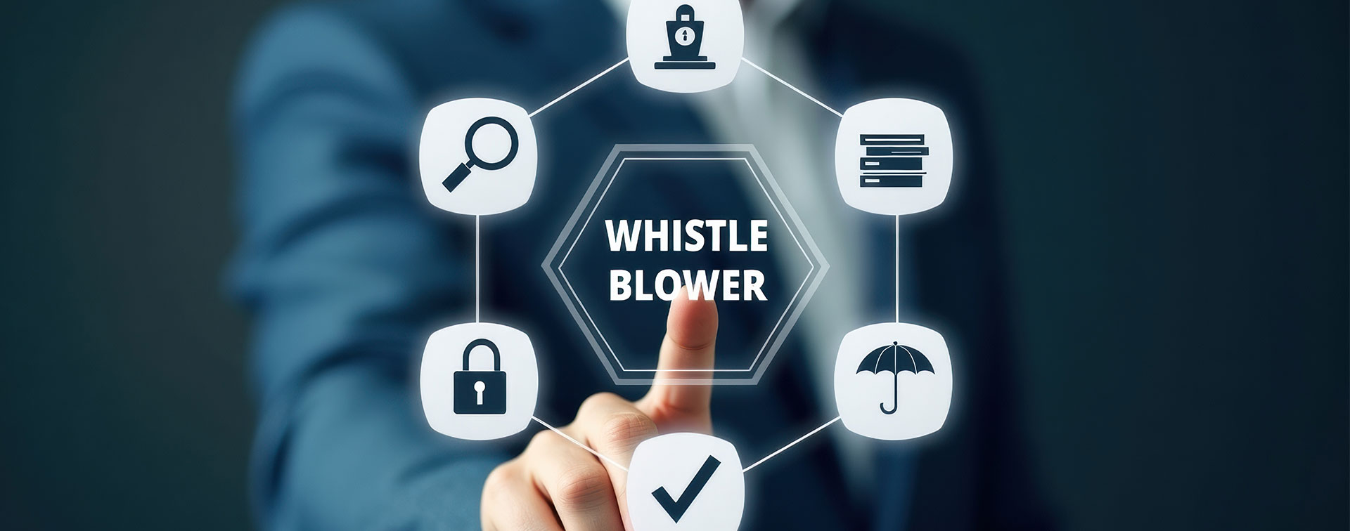 Man pressing a virtual touchscreen with the text “Whistleblower”.
