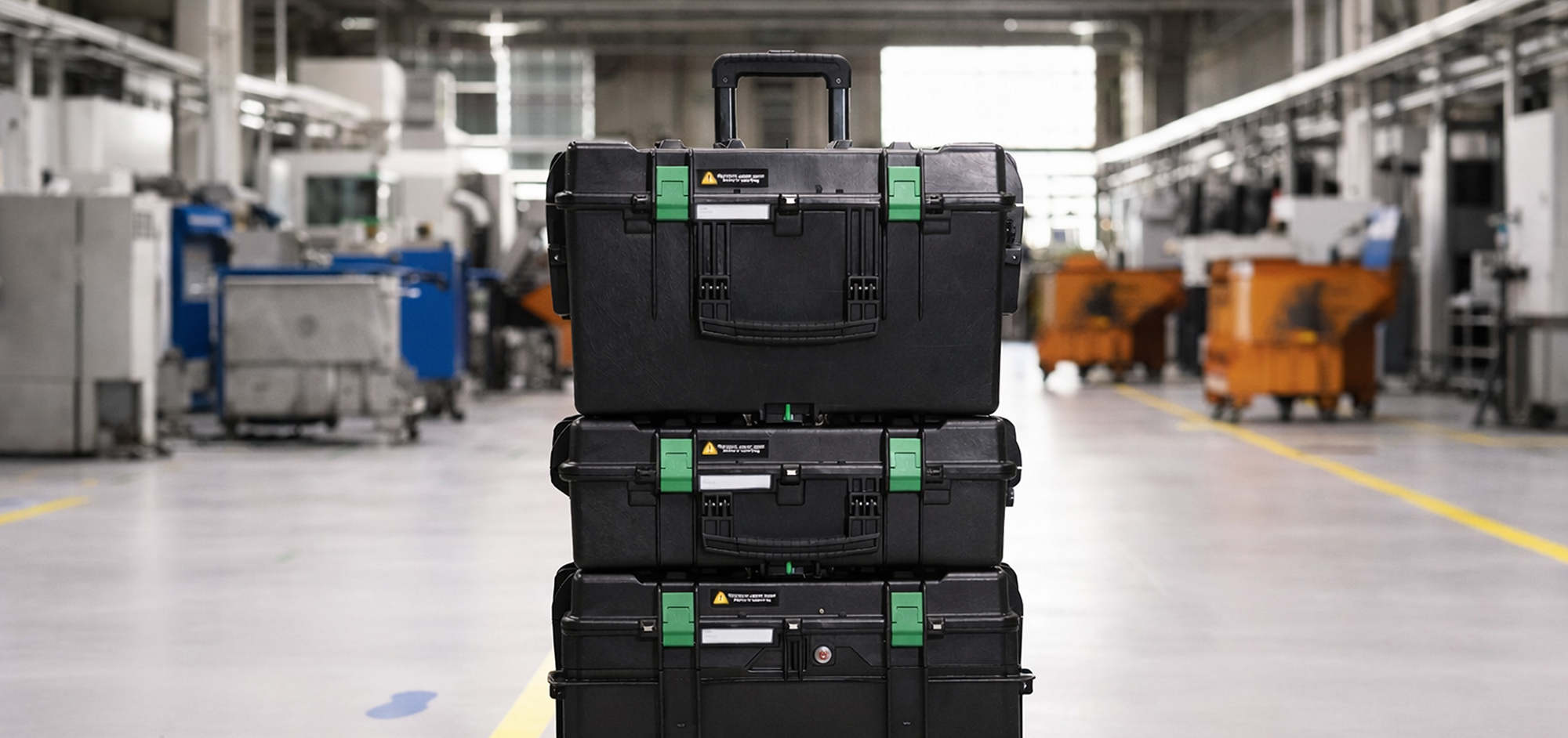 A workbench standing in an aircraft hanger with a passenger aircraft in the background